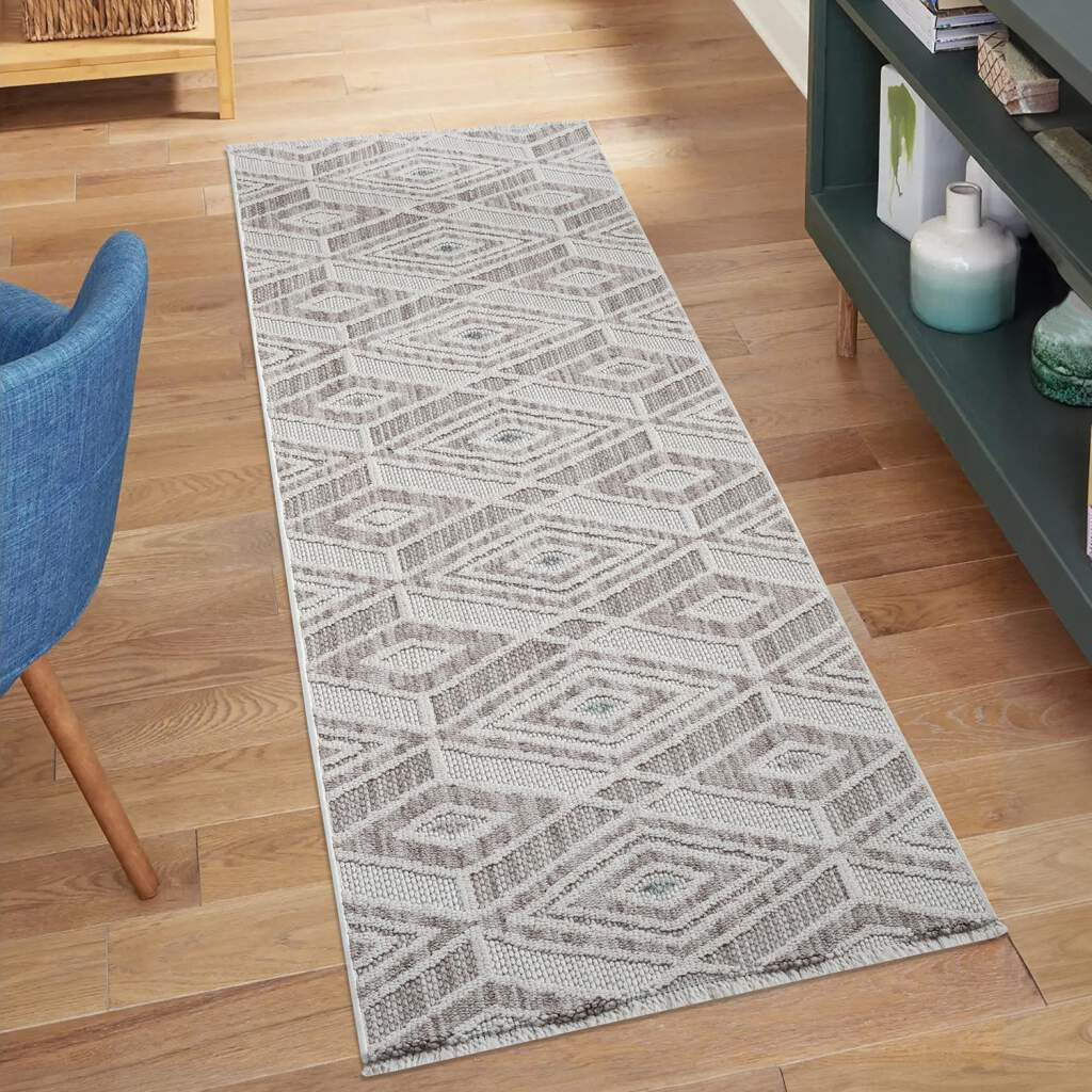 Teppich Lindo 8875 Kurzflor 3D-Optik Fransen Grün Rauten-Muster Boho-Stil Wohnzimmer Howard