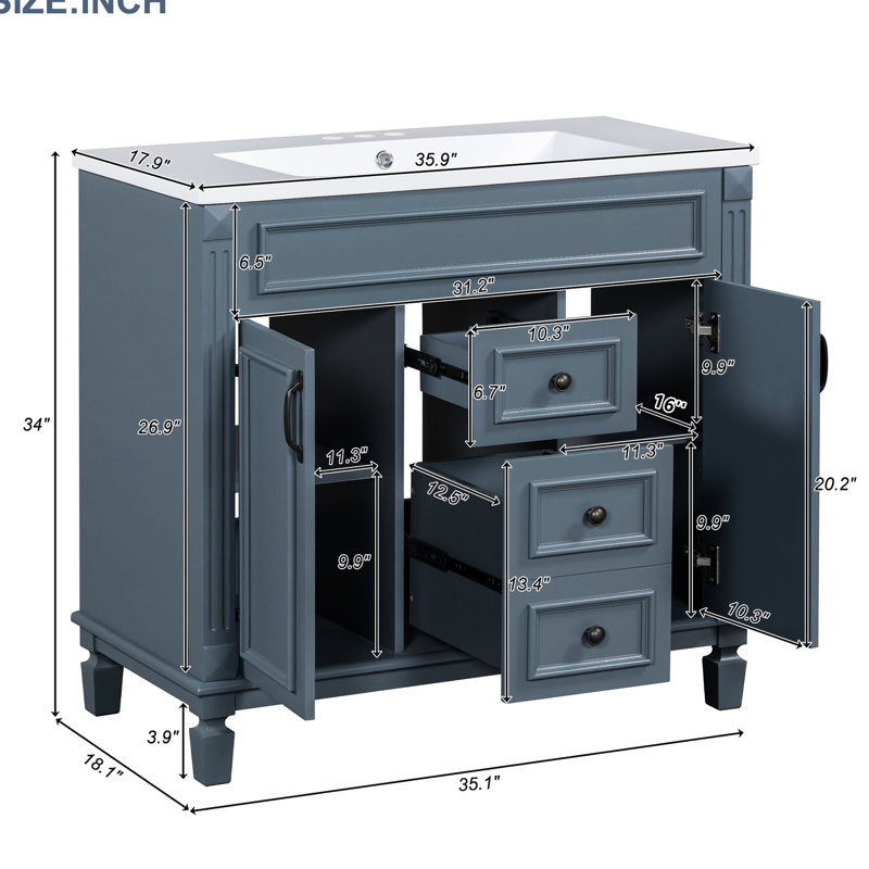 Meuble-lavabo de salle de bain moderne 36 ", miroir bleu, meuble-lavabo 2 portes et tiroirs, unité