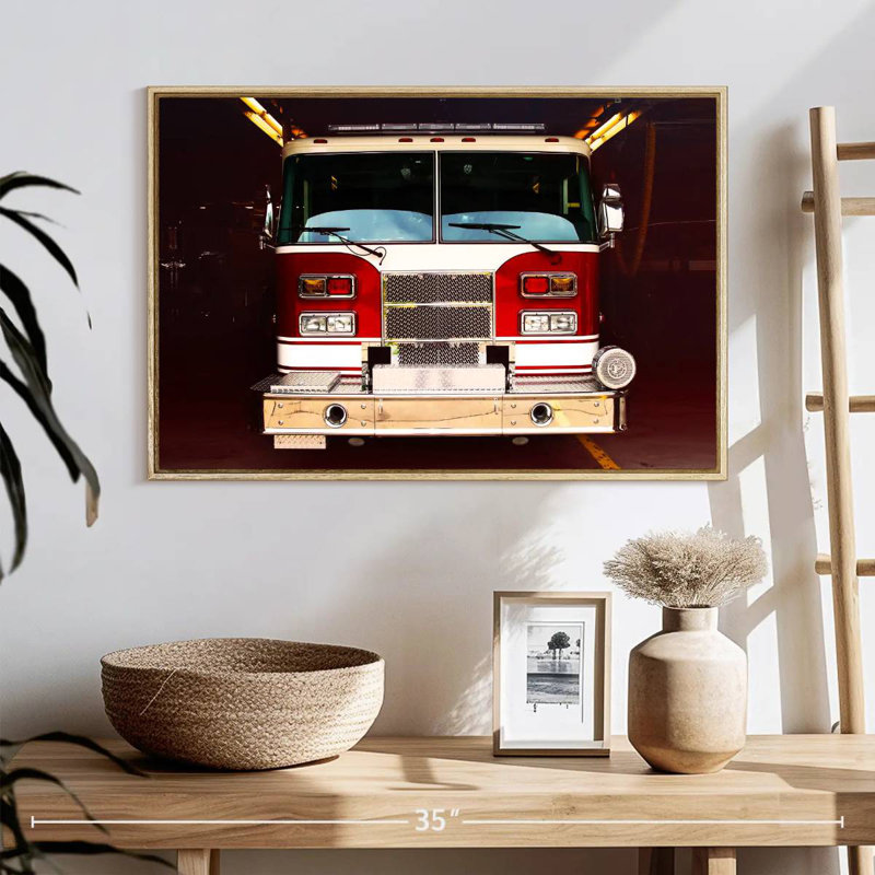 Fire Truck, 25" X 17", Floating Frame Natural Wood
