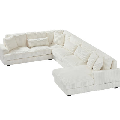 Spacious U-Shaped Living Room In Beige Corduroy With Relaxing Zone Modern Couch Ergonomic Design