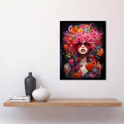 Flowerpunk Woman With Pink Hair And Flowers Vibrant - Single Picture Frame Print