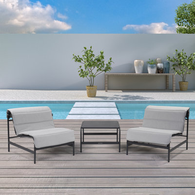 Ensemble de chaises longues de patio 3 pièces avec coussins, fauteuil inclinable en fer avec table basse