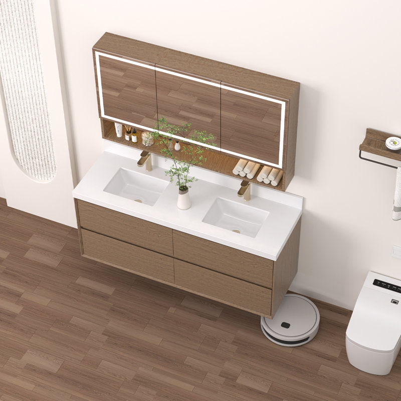 Meuble-lavabo double 60 po avec comptoir en quartz blanc et lavabos, 60