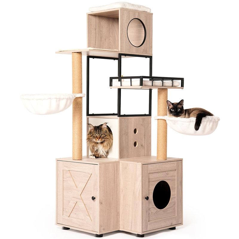 Tour pour chat 63 po, bac à litière et deux condos doubles, coussin en mousse à mémoire de forme, support, tapis antidérapant, arbre à structure de panneau de particules avec boîte, coussin lavable, poteaux à griffer de 7 cm d'épaisseur, interactif,