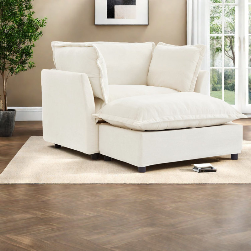 Chaises d'appoint spacieuses en chenille avec repose-pieds mobile, beige moderne