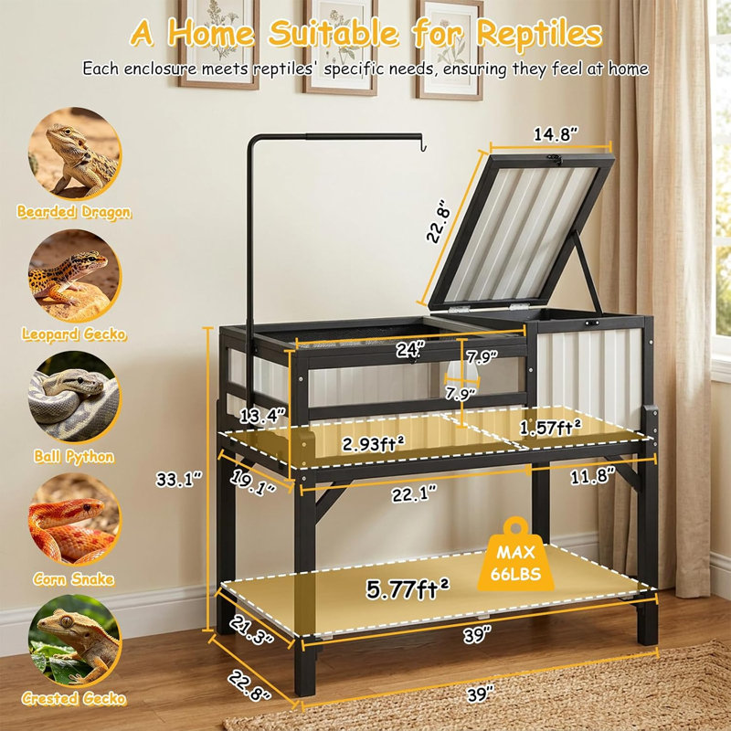 Habitat de tortue d'intérieur avec deux pièces et support de lampe réglable en métal pour tortues et petits reptiles