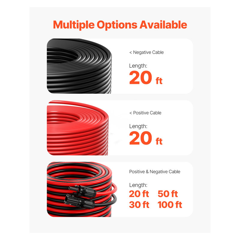 Ensemble de câble d'extension de panneau solaire 20 pi - fil de cuivre étamé 10AWG avec connecteurs IP67 imperméables MC4 pour les systèmes d'énergie pour la maison et le véhicule récréatif