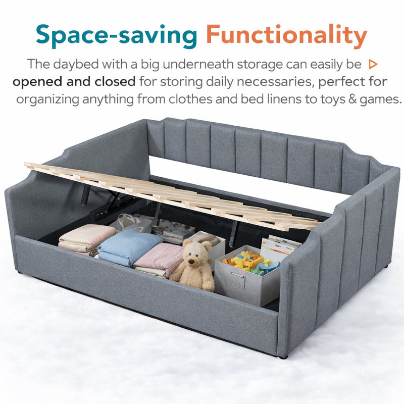 Linen Upholstered Daybed With Lift-Up Storage, Gray