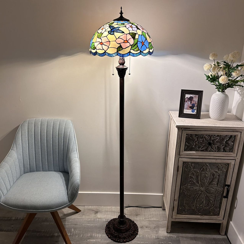 Tonsey Tiffany Floor Lamp Pink Blue Stained Glass Hummingbird Flowers Metal Base 16"W*16"D*64"H