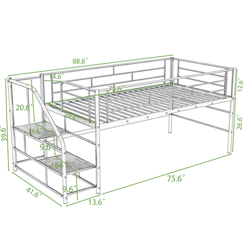 Lit mezzanine simple avec escalier et garde-corps, Blanc