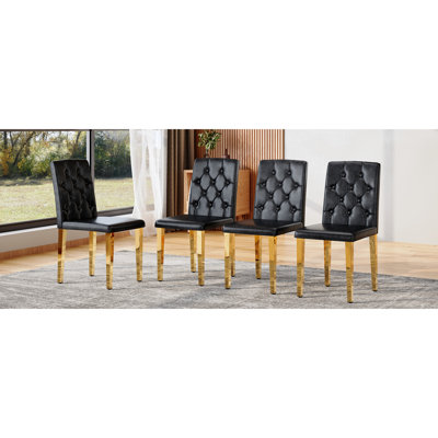 4-Pack Black PU Dining Chairs: Ergonomic Buckle Backrest, 35 Inches High, Golden Metal Legs,Combines Comfort And Texture.Perfectly Suitable For Family Dining Rooms, Hotel Banquet Halls,Etc.