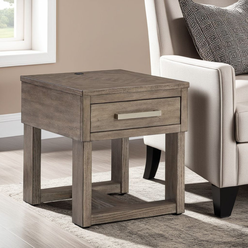 Aska Rectangular Side End Table With Drawer, USB Port, 24 Inch Gray