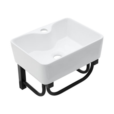 16"X12" Wall-Mounted Rectangular Ceramic Bathroom Sink With Black Towel Bar & Faucet Hole