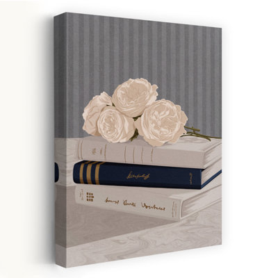 Soft Roses And Books Classic Elegant Minimalist Rose Flower Landscape Wall Art Print