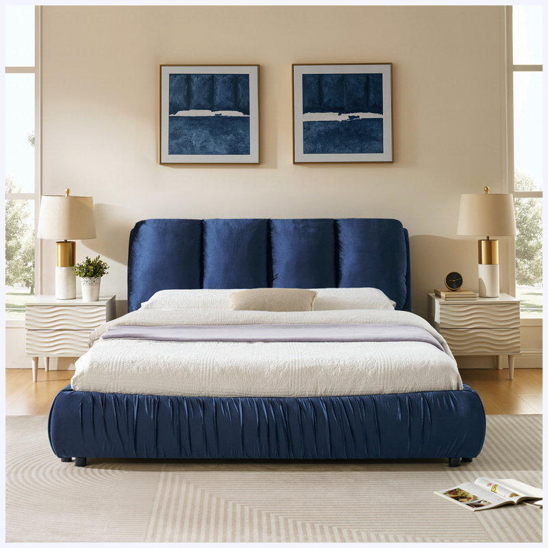 Cadre de lit plateforme tapissier en velours grand format, minimaliste moderne avec tête de lit segmentée moelleuse, bleu foncé