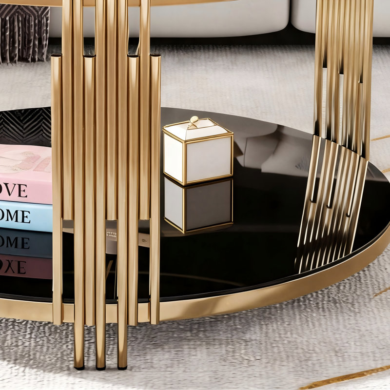 A Luxurious Black Glass Round Coffee Table With An Asymmetrical Metal Design And A Gilded Drum-Shaped Base, Featuring A Lower Storage Shelf.