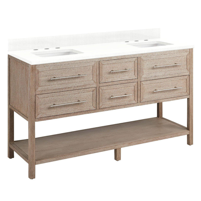 60" Robertson Double Bathroom Vanity Set with Rectangular Undermount Sinks, White, 8" Widespread, Feathered White Quartz