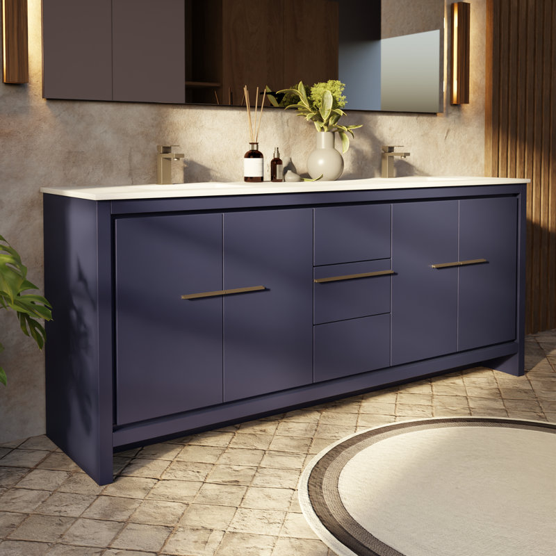 Meuble-lavabo double l 80 po x P 20 po Lafarre Lafarre , Marine, Quartz blanc