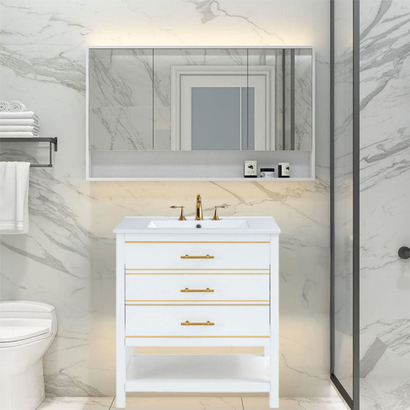 Meuble-lavabo moderne 30 po avec comptoir en céramique , Blanc