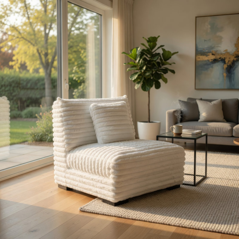 Fauteuil d'appoint sans accoudoirs Ezo, velours côtelé de polyester, rembourrage doux, Mélange de polyester blanc