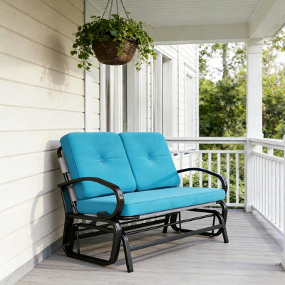 Fauteuil oscillant d'extérieur pour 2 personnes avec filet bleu respirant, confortable et adapté aux rassemblements, structure en acier avec coussins de patio d'une capacité de 396 lb, détente idéale, l 47,25 po x P 29,5 po, H 32,25 po