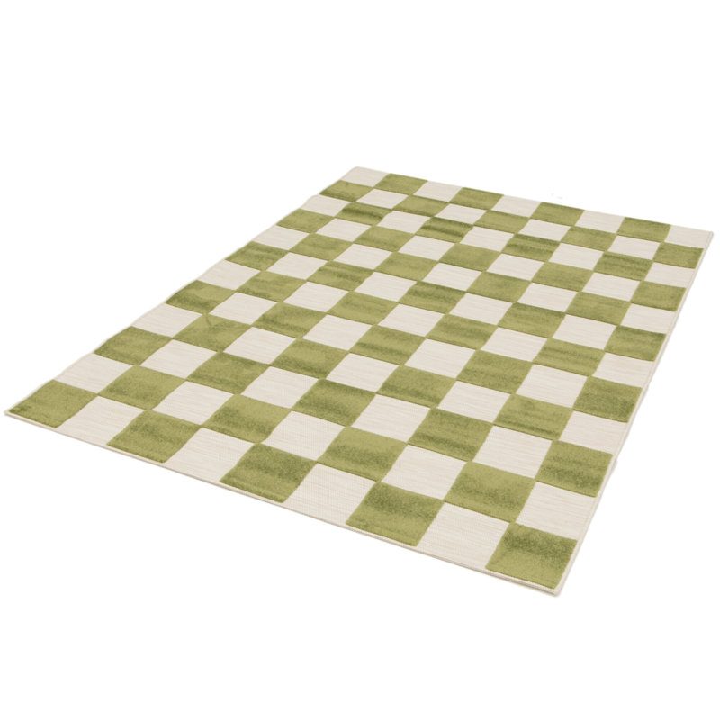 Kiki Chequered Machine Woven Relief Indoor Outdoor Green Area Rug, Rectangle 164 x 230cm