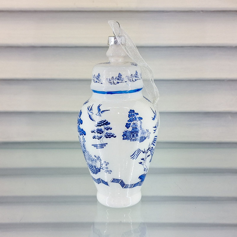 Ginger Jar Blue Glass Ornament, Blue/White