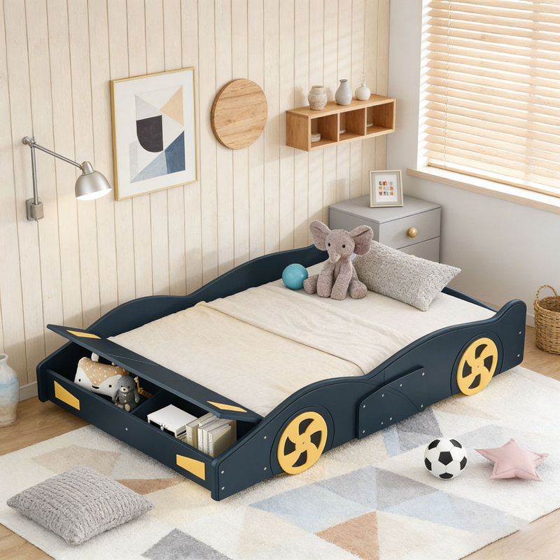 Lit plateforme avec roulettes et rangement Race, Lit simple, Bleu foncé et jaune