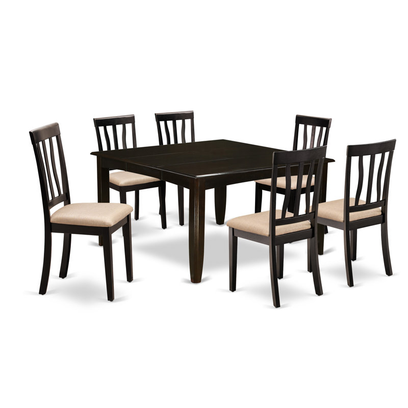 Ensemble de table de salle à manger 7 pièces composé d'une table carrée en bois avec feuille papillon et 6 chaises de cuisine en lin, cappuccino