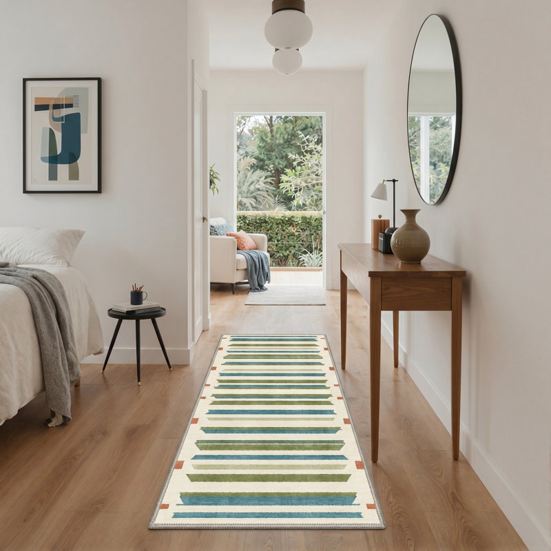Zenith Modern Machine Washable Beige / Green / Blue Indoor Area Rug with Non-Slip Backing, Runner 2' x 6'