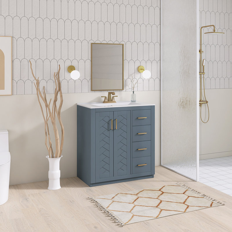 30'' Freestanding Single Sink Bathroom Vanity with Ceramic Top, Navy Blue