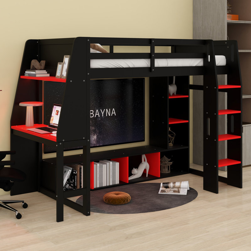 Wood Gaming Loft Bed Featuring Desk, Shelves, LED, And Hanging Rack, Twin