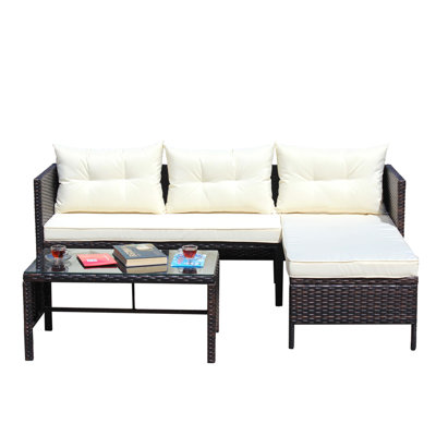 Outdoor Patio Furniture Sets 3 Piece Conversation Set Wicker Ratten Sectional Sofa With Seat Cushions(Beige Cushion)