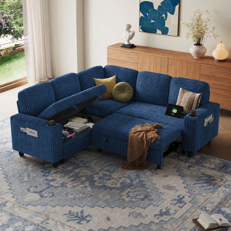 Sherry L Shaped Corduroy Sleeper Sectional With Storage Chaise & USB Charging, Soren Navy, 5-piece