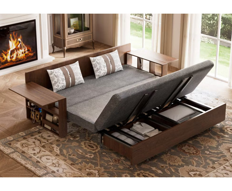 Canapé-lit de rangement moderne avec fonction relevable, design compact et élégant, gris pratique