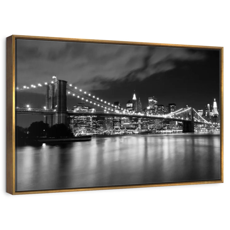 Pont de Brooklyn la nuit, 25 po x 17 po, Cadre flottant doré