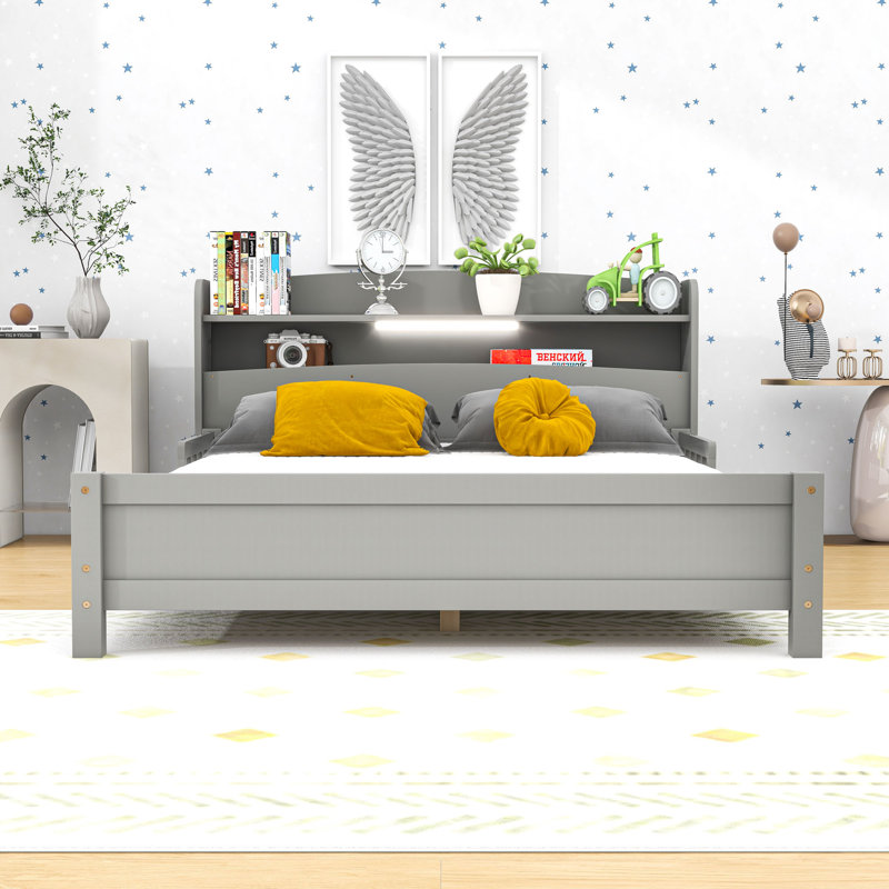 Lit plateforme en bois avec tête de lit et détecteur de mouvement à DEL, gris, Complète
