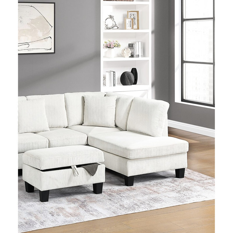 Contemporary Beige Corduroy 3 Sectional For Living Room, Featuring Chaise, , Storage , And Included Pillows In Corduroy, Square Arms