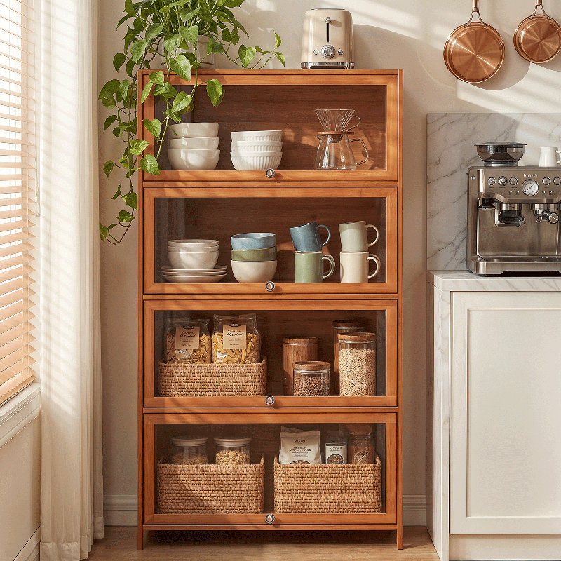 Bamboo Bookshelf with Flip-up Acrylic Doors, Freestanding Bookcase Storage Organizer with Shelves