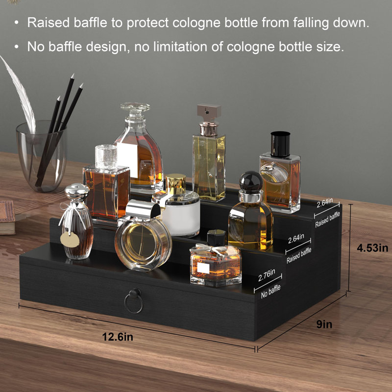 Cologne Organizer For Men, 3 Tier Wood Perfume Organizer With Felt Lining Drawer And Hidden Compartment, Black
