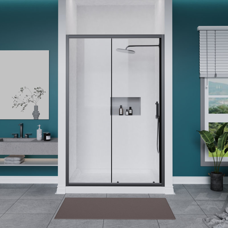 Shower Door,46.9-48.in W X 72.in H,1/5 Inch Thick Bathtub Aluminum Frame Clear Tempered Glass Sliding Door With Sgcc Standards,stainless Steel Handle,matt Black