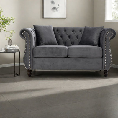 Compression Sofas, Grey Velvet 58.8 Inch Chesterfield Loveseat For Home