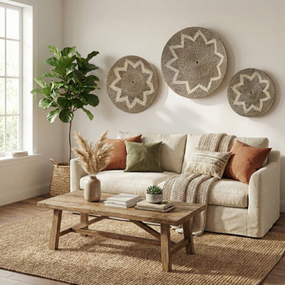 Seagrass Handmade Woven Floral Basket Plate Home Wall Decor with Black and White Accents