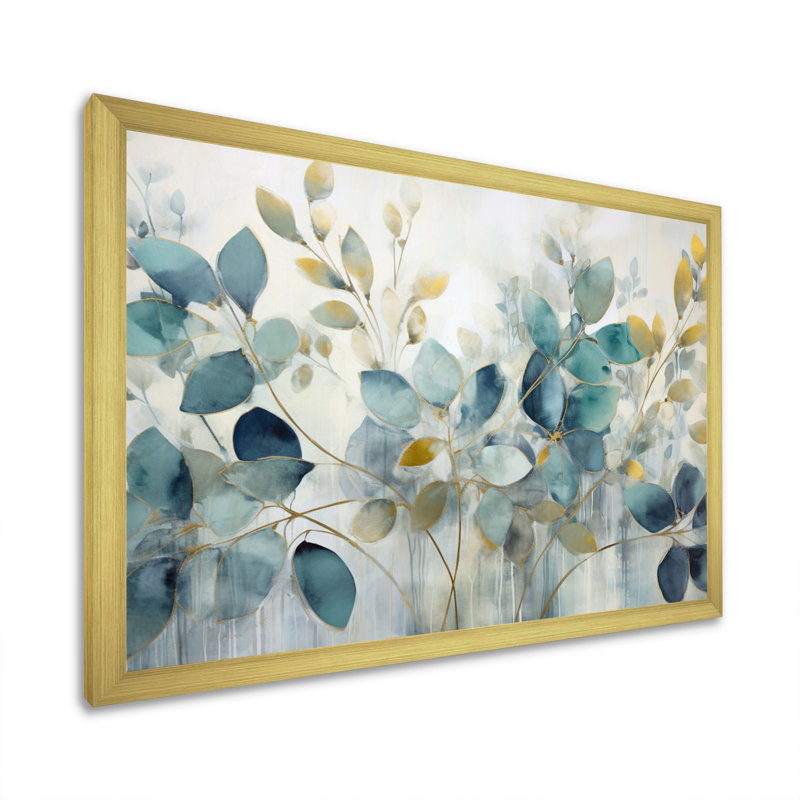 «Blue Botanical Rhythms II - Abstract Botanicals», art mural sur toile, H 12 po x l 20 po, Impression encadrée, Doré
