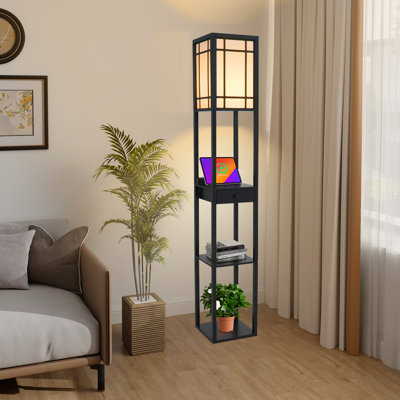 160cm Floor Lamp With Charging, 3 Layers Shelves Standing Light With Drawer, Reading Lamp