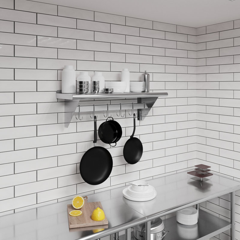 Support à casseroles mural en acier inoxydable avec tablette. Certifié NSF, H 11 po x l 36 po x P 12 po