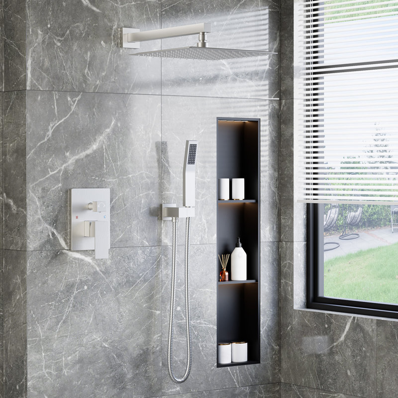 Système de douche de salle de bain, pomme de douche à pluie de 12 pouces avec douchette à main et valve à pression équilibrée, pomme de douche murale et ensemble de poignée