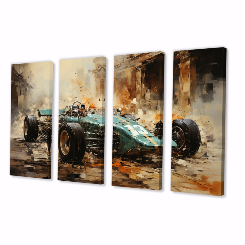 Illustration rétro de voiture de sport Grand Prix - voitures, voiture de course, art mural, salon - 4 panneaux