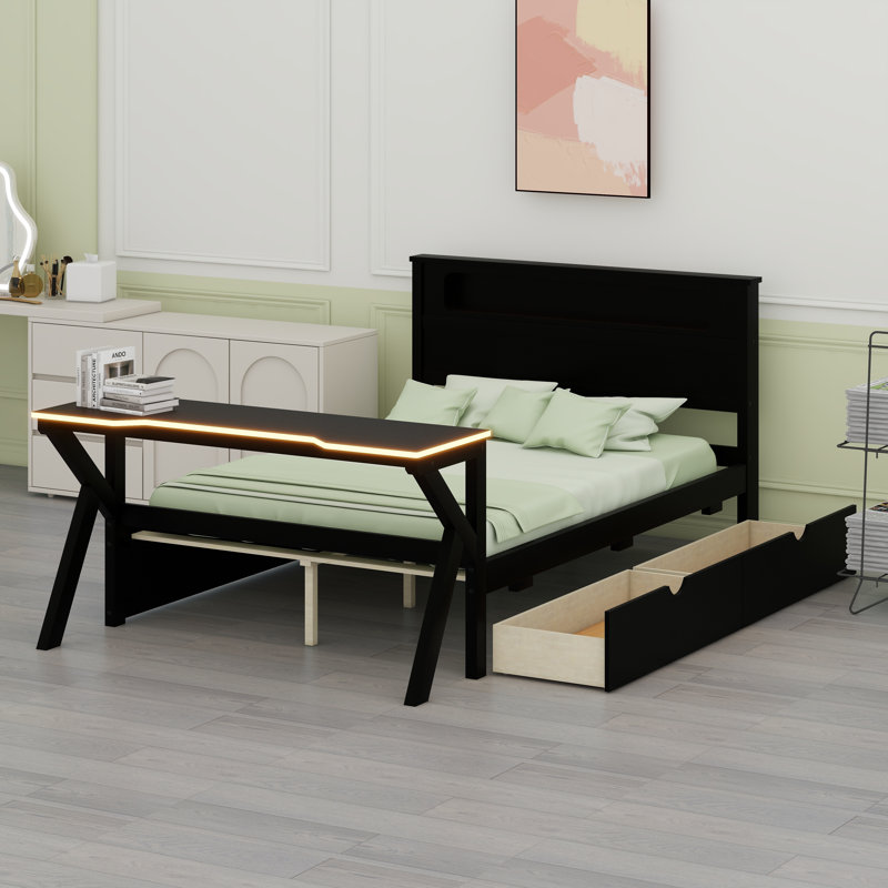 Lit de jeu moderne en bois avec tête de lit à DEL, bureau éclairé, connectivité USB et 2 tiroirs de rangement sous le lit