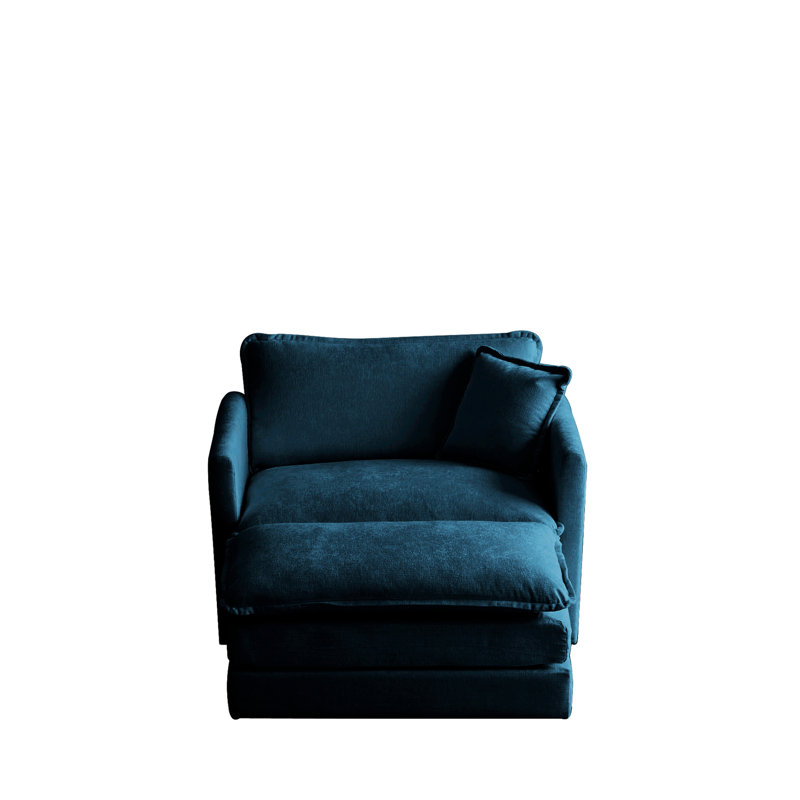 Fauteuil avec cadre en bois massif avec revêtement en chenille bleu, salon moderne et repose-pieds confortable